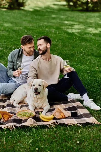 Two bearded men enjoy a picnic in a green park with their labrador dog. — Stock Photo