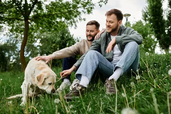Um gay casal goza um dia com seu labrador retriever no um verdejante parque. — Fotografia de Stock