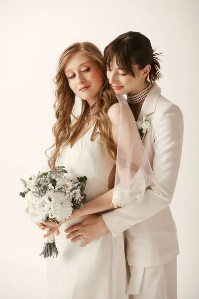 Two brides in white attire share a tender embrace on their wedding day. — Stock Photo
