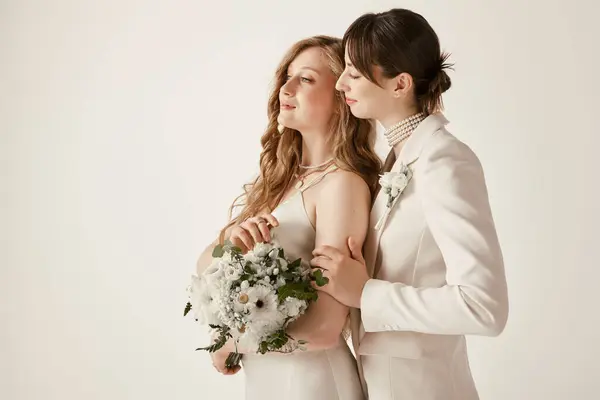Una pareja lesbiana en traje de novia blanco de pie cerca, la novia a la derecha sosteniendo el brazo de los demás. - foto de stock