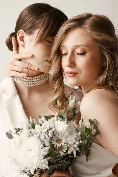 Two beautiful brides in white wedding attire embrace during their ceremony, holding a bouquet of white flowers. — Stock Photo