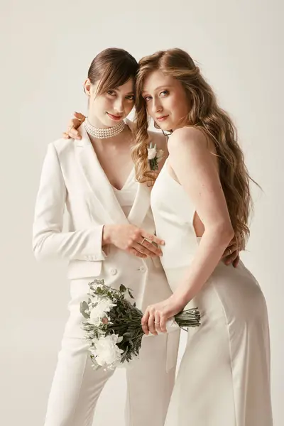 Two young women, both dressed in white, embrace during their wedding ceremony. — Stock Photo