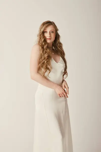 A beautiful young bride in a white wedding gown stands against a white backdrop. Her long, flowing hair adds to her elegance. — Stock Photo