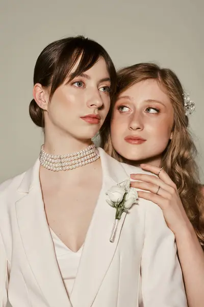 Zwei junge Frauen in weißer Hochzeitskleidung, die sich vor grauem Hintergrund umarmen und ihre Liebe feiern. — Stockfoto