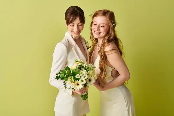 Dos mujeres en traje de novia blanco sonríen durante su ceremonia de boda. Sostienen un ramo de flores blancas sobre un fondo verde. - foto de stock