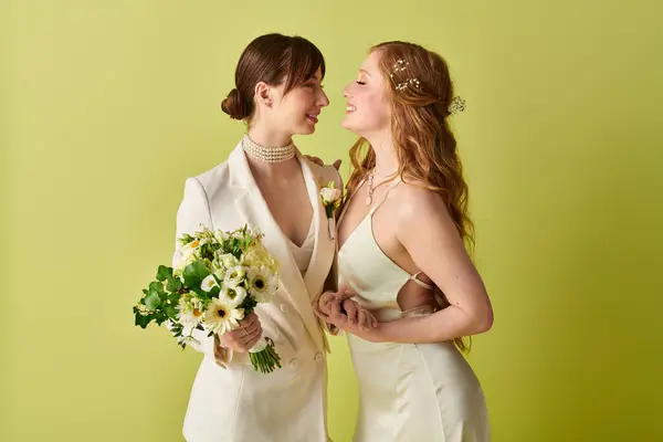 A young lesbian couple in white wedding attire embraces on a green background, symbolizing their love and commitment. — Stock Photo