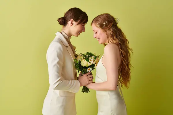 Una joven pareja lesbiana, vestida de blanco, se sonríe mientras sostiene un ramo de flores durante la ceremonia de su boda.. — Stock Photo