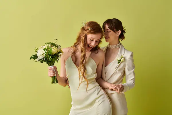 Two women in white wedding attire laugh together, holding a bouquet of white flowers. — Stock Photo