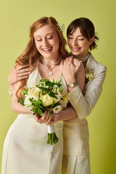 Dos mujeres vestidas de blanco se abrazan el día de su boda. La novia sostiene un ramo de flores mientras se sonríen frente a un fondo verde. - foto de stock