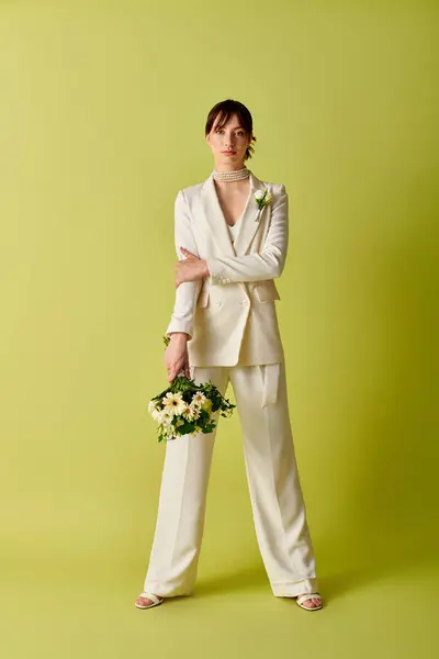 Una mujer con un traje blanco sostiene un ramo de flores, de pie sobre un fondo verde. - foto de stock