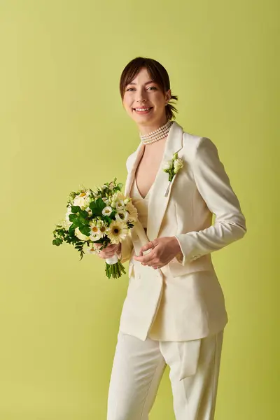 A bride in a white suit smiles brightly while holding a bouquet of flowers on a green backdrop. — Stock Photo