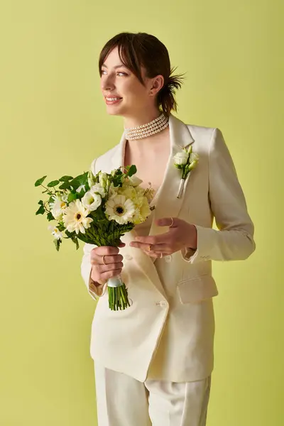 A bride in a white suit holds a bouquet of white flowers, standing against a green backdrop. — Stock Photo