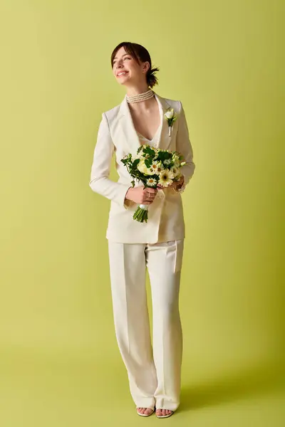 A bride in a white suit holds a bouquet and smiles while looking up, celebrating her love and commitment on her special day. — Stock Photo