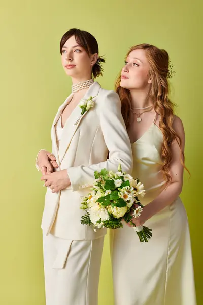 Two young women in white wedding attire stand together, holding a bouquet of white flowers against a green background. — Stock Photo