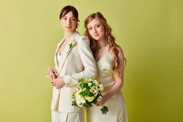 Duas mulheres de traje de casamento branco estão juntas, segurando um buquê de flores. — Fotografia de Stock