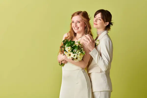A happy lesbian couple in white wedding attire smiles for a photo on a green backdrop. — Stock Photo