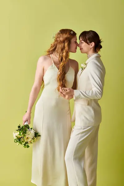 A lesbian couple, dressed in white, lovingly embrace during their wedding ceremony, their joy palpable against a green backdrop. — Stock Photo