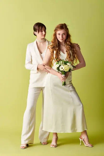 A lesbian couple in white wedding attire, holding a bouquet of flowers, smiles for the camera on a green background. — Stock Photo