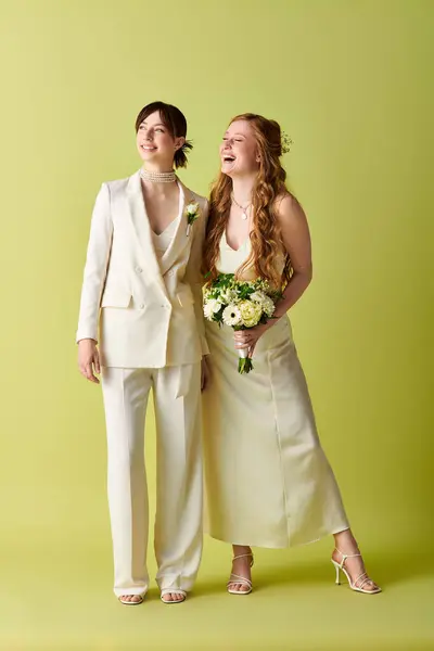Duas mulheres de traje de casamento branco estão juntas sorrindo contra um fundo verde. — Fotografia de Stock