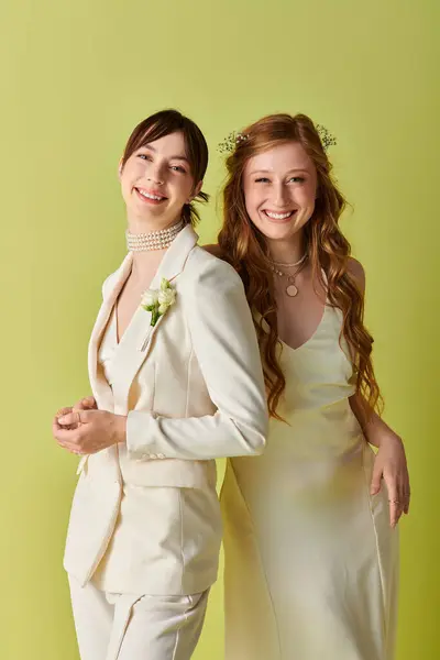 A young lesbian couple in white wedding attire stand against a green backdrop, smiling and looking happy. — Stock Photo