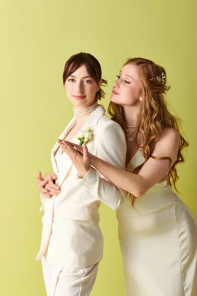Duas jovens mulheres em trajes de casamento branco abraçar em um fundo verde, celebrando seu amor e compromisso. — Fotografia de Stock