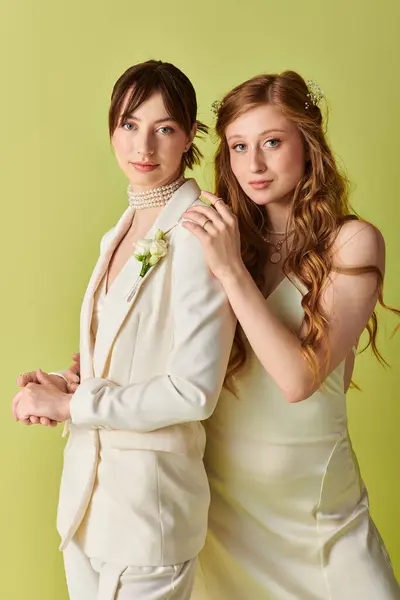 A lesbian couple in white wedding attire poses together against a green backdrop. — Stock Photo