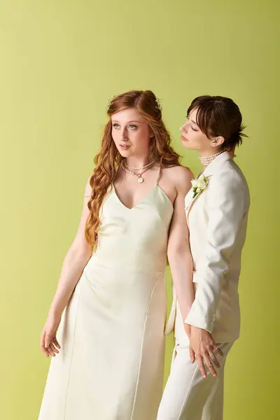 Two brides in white wedding attire stand side-by-side, posing against a green background. — Stock Photo