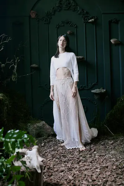 A woman in a white dress stands near a swamp. — Stock Photo
