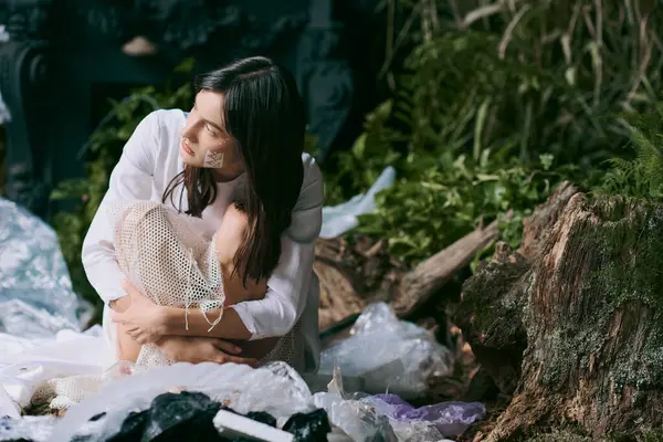A woman in white clothing sits amidst a pile of plastic waste in a swampy environment. — Stock Photo