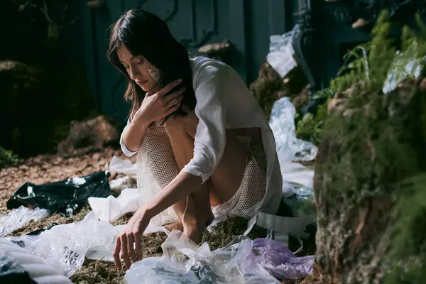 A woman in white clothing poses amidst a swamp overflowing with plastic garbage. — Stock Photo