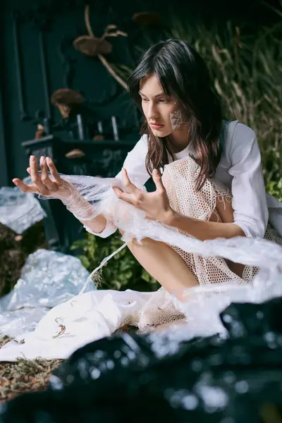 A woman poses in an aesthetic outfit surrounded by plastic garbage in a swampy environment. — Stock Photo
