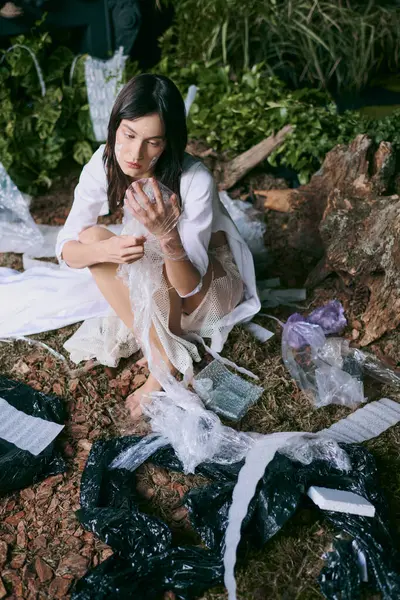 A woman in white clothing poses amongst a swamp overflowing with plastic waste. — Stock Photo