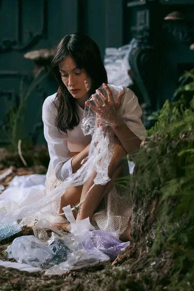 A woman poses in white clothing near a swamp overflowing with plastic garbage. — Stock Photo