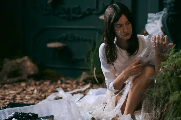 A woman in aesthetic clothing poses amidst a swamp filled with plastic garbage. — Stock Photo