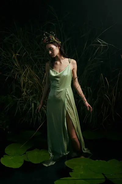 A woman wearing a green dress and a crown of leaves poses in a swamp with lily pads. — Stock Photo