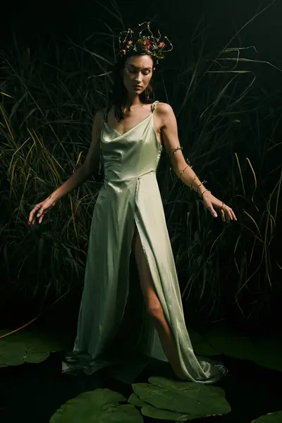 A woman wearing a green satin dress poses in a swamp. — Stock Photo