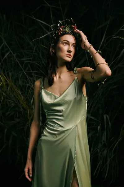 Uma mulher de vestido verde fica perto de um pântano, com uma coroa de flores na cabeça.. — Fotografia de Stock