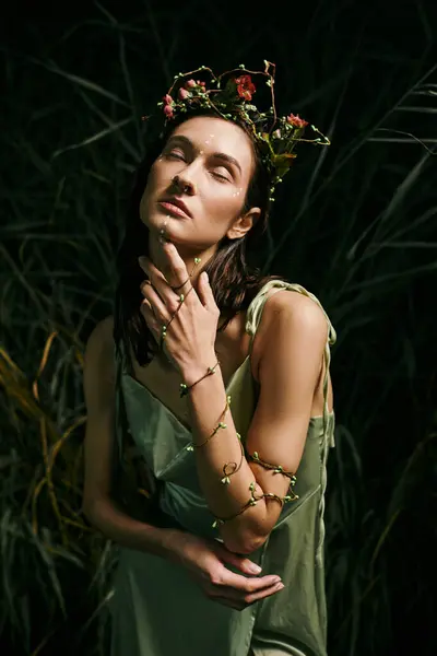 A woman, wearing a green dress and a crown of flowers, poses gracefully near a swamp. — Stock Photo