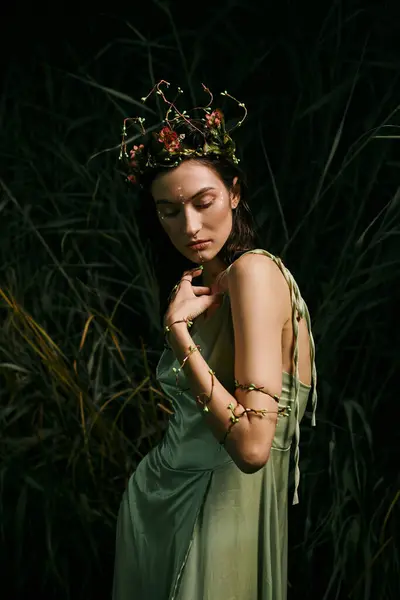 A woman in a floral crown and green dress stands near a swamp. — Stock Photo