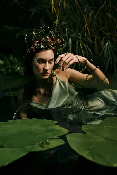 A woman in a flowing dress adorned with a floral crown, poses near a swamp with lily pads. — Stock Photo