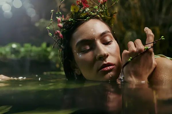 A woman with a flower crown rests in a swamp, her eyes closed in contemplation. — Stock Photo
