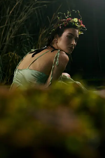 Жінка з квітковою короною в зеленій сукні біля болота. — стокове фото
