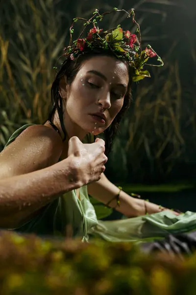 Woman in floral crown by swamp; eyes closed, hand gently touching water. — Stock Photo