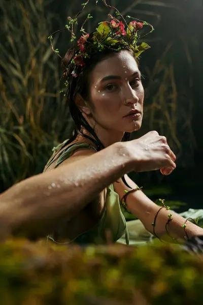 A woman with a floral crown poses in a swampy environment. — Stock Photo