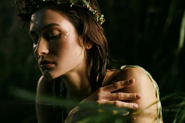 A woman with a flower crown poses in the shadows of a swamp, surrounded by lush greenery. — Stock Photo