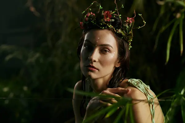Женщина, украшенная цветочной короной, позирует в болоте в окружении пышной зелени. — стоковое фото