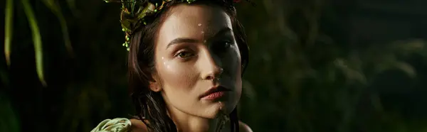A woman with a floral crown poses in front of a swampy backdrop. — Stock Photo