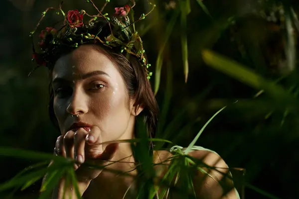 A woman in a floral crown poses amidst lush greenery near a swamp. — Stock Photo