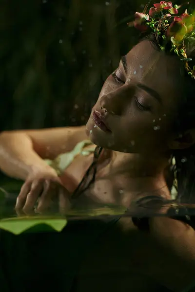 A woman wearing a floral crown relaxes in a swamp, surrounded by lush greenery. — Stock Photo