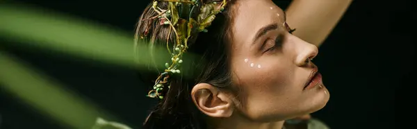 A woman with a crown of leaves poses gracefully near a swamp. — Stock Photo